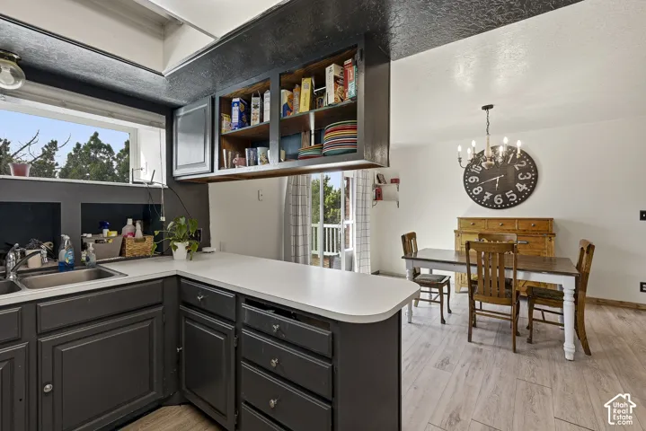 Kitchen featuring dark-finish cabinetry, solid-surface countertops, dual-basin stainless steel sink, and wood-finish flooring
