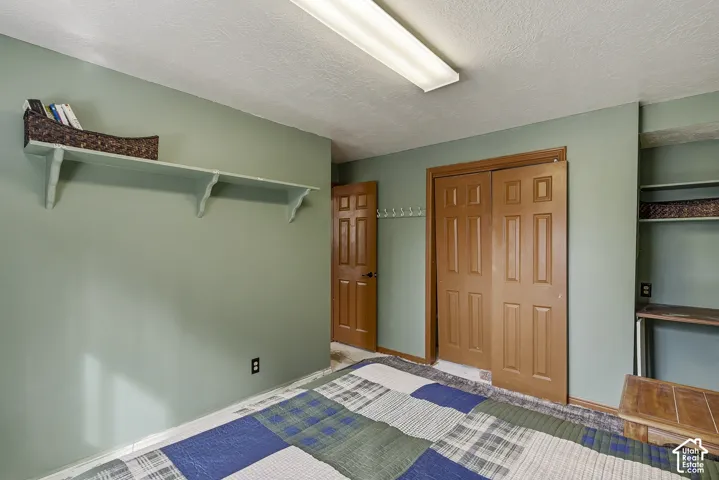 Room featuring sage green walls, dual-panel wooden closet doors, a built-in wall shelf, flush-mount lighting, and wall-mounted hardware hooks