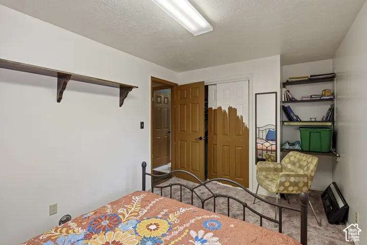 Built-in wall shelving, recessed closet with six-panel doors, and wall-mounted wooden display shelf
