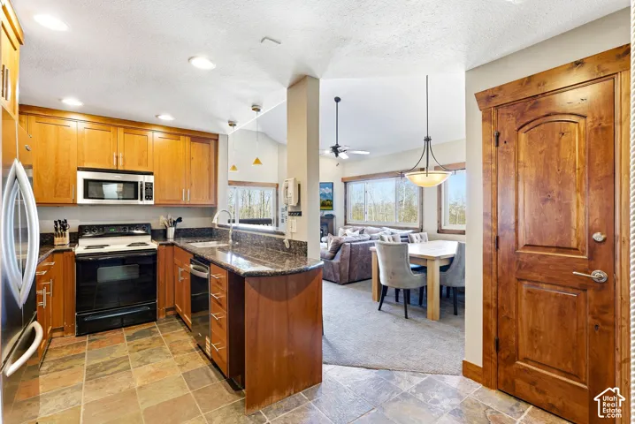 Chef's kitchen featuring rich wood cabinetry, stainless steel appliances, and a granite-topped island with seating