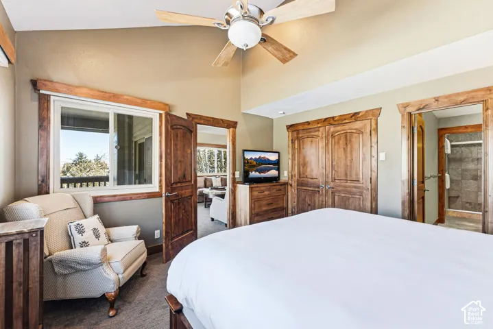 Vaulted ceiling with a centrally mounted fan, natural wood trim, matching stained wood doors, and carpeted flooring