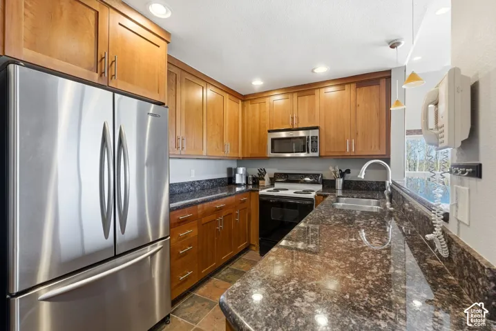 Kitchen featuring wood cabinetry, stainless steel appliances, dark stone countertops, and recessed lighting