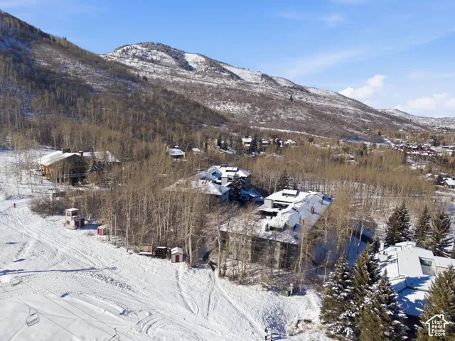 Mountain property with multiple structures nestled among trees and snow-covered terrain