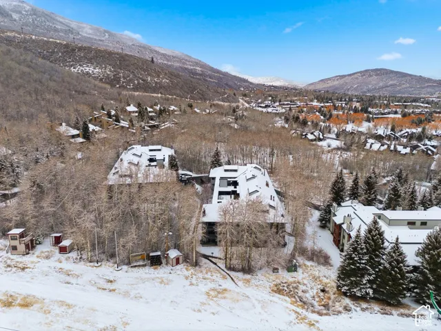 Modern architecture with angled roofs, surrounded by mature trees, set against a mountainous backdrop