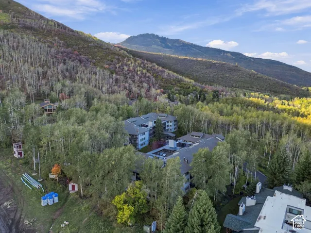Mountain-side property featuring multi-story buildings, surrounding mature trees, and a mountain backdrop
