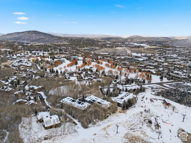 Snow-covered mountain community featuring diverse residential and commercial structures, surrounded by mature trees, with a prominent ski slope and ski lifts