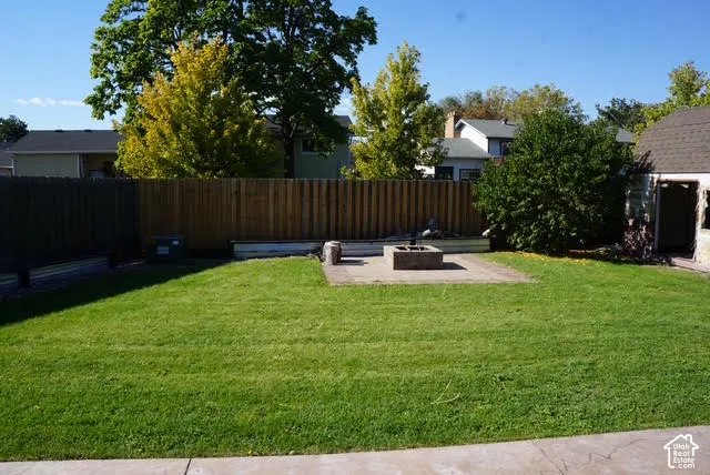 Backyard featuring a manicured lawn, stone fire pit, wood privacy fencing, and mature trees