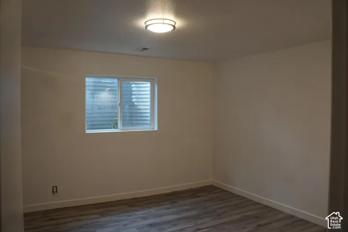 Room featuring wood-finish flooring, white walls, a sliding window with egress well, and a flush-mount light fixture