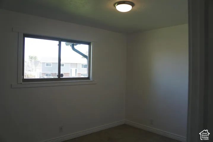 Interior room featuring neutral wall paint, carpeting, a single-pane window with trim, and a flush-mount ceiling light fixture