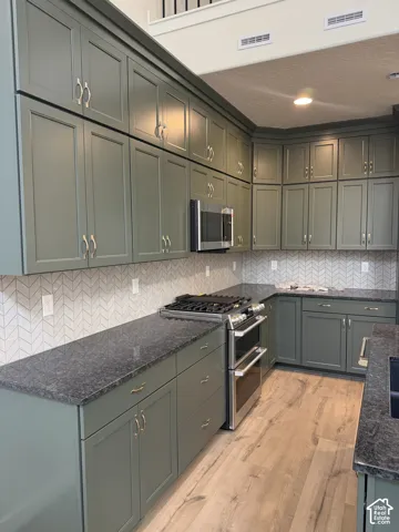 Custom cabinetry featuring sage green shaker-style doors, stone countertops, herringbone-pattern tile backsplash, stainless steel gas range, and wood-finish flooring