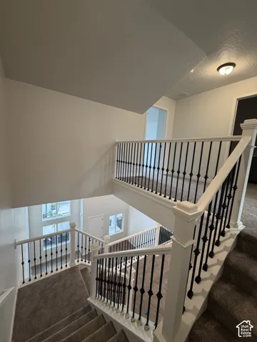 Staircase featuring white balustrades, black iron spindles, carpeted stairs, and wall-mounted flush light fixtures
