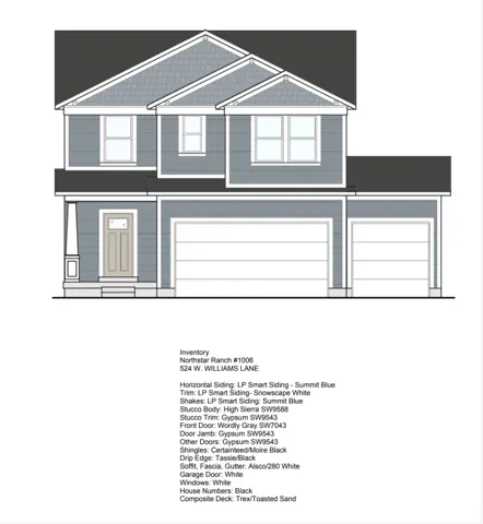 Architectural Elevation Plan. Listing exterior material specifications and color palette for the property