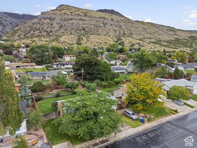 Aerial perspective featuring a landscape with mature trees, established grass lawns, and a prominent mountain backdrop