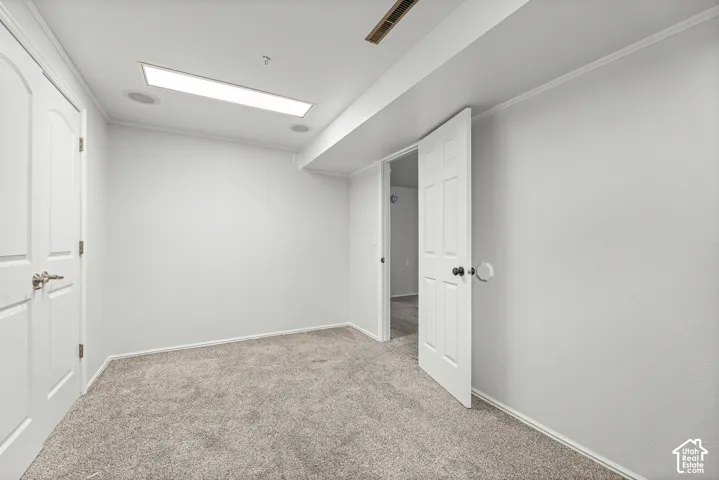 Room featuring neutral-toned carpeting, two-panel interior doors, and a flush-mount linear ceiling light