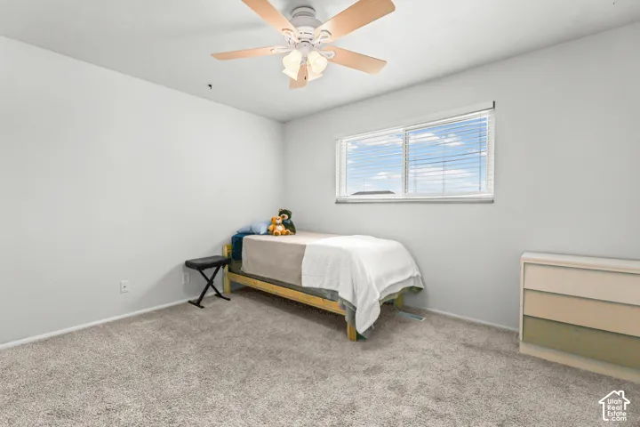 Neutral-toned interior space featuring wall-to-wall carpeting, a large sliding window, and a ceiling-mounted light fixture with a multi-blade fan
