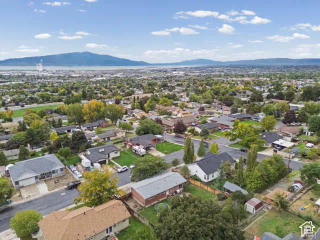 Aerial perspective of a suburban neighborhood featuring mature trees, residential street layouts, and a distant mountain and water horizon