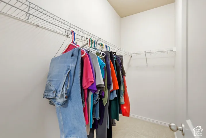 Primary bedroom walk-in closet featuring light-colored carpeted flooring and wall-mounted wire shelving
