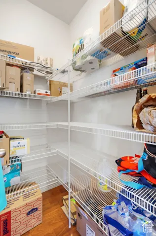 Storage area featuring white wire shelving and wood-finish flooring