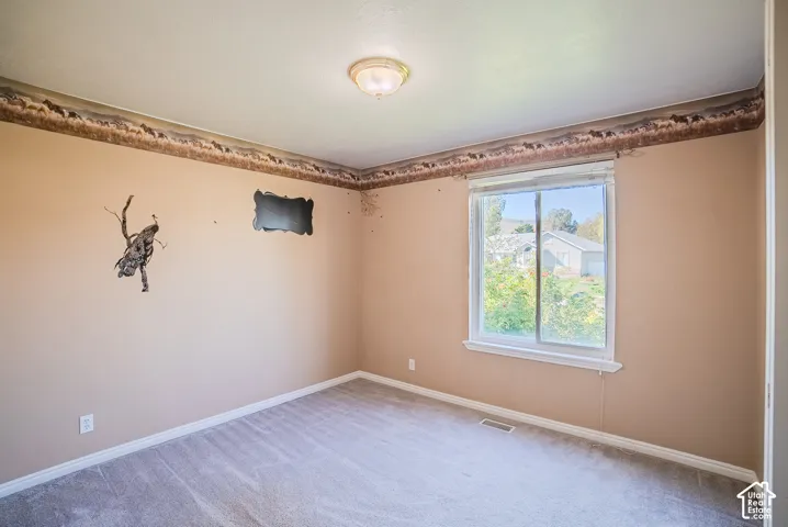 Room featuring neutral wall tones, carpeted flooring, a flush-mount ceiling light fixture, and a sliding window