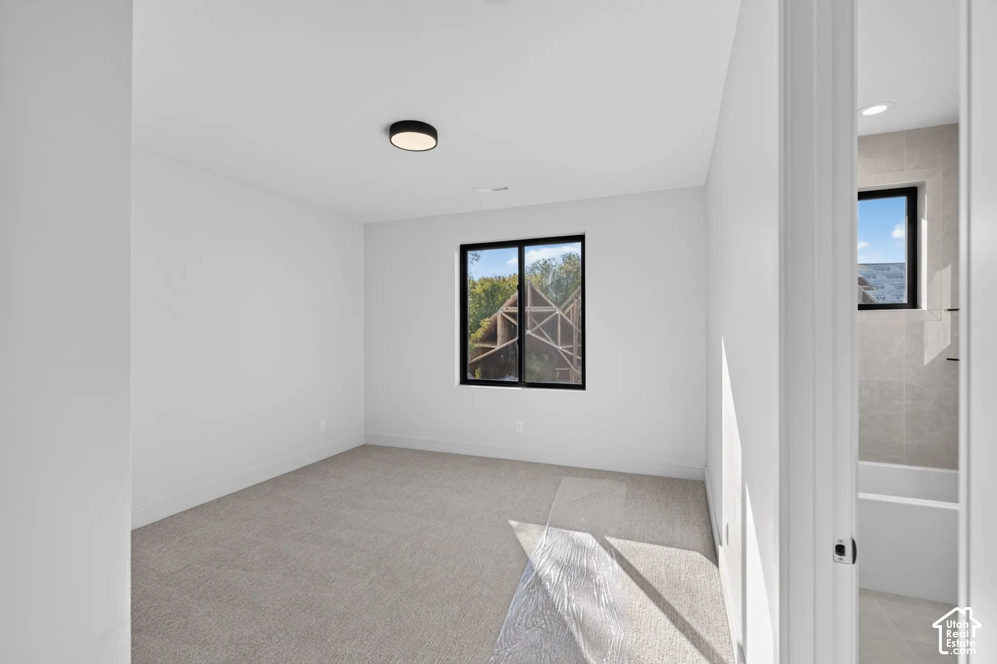 Room featuring neutral carpeting, matte black window frames, and a contemporary flush-mount ceiling light