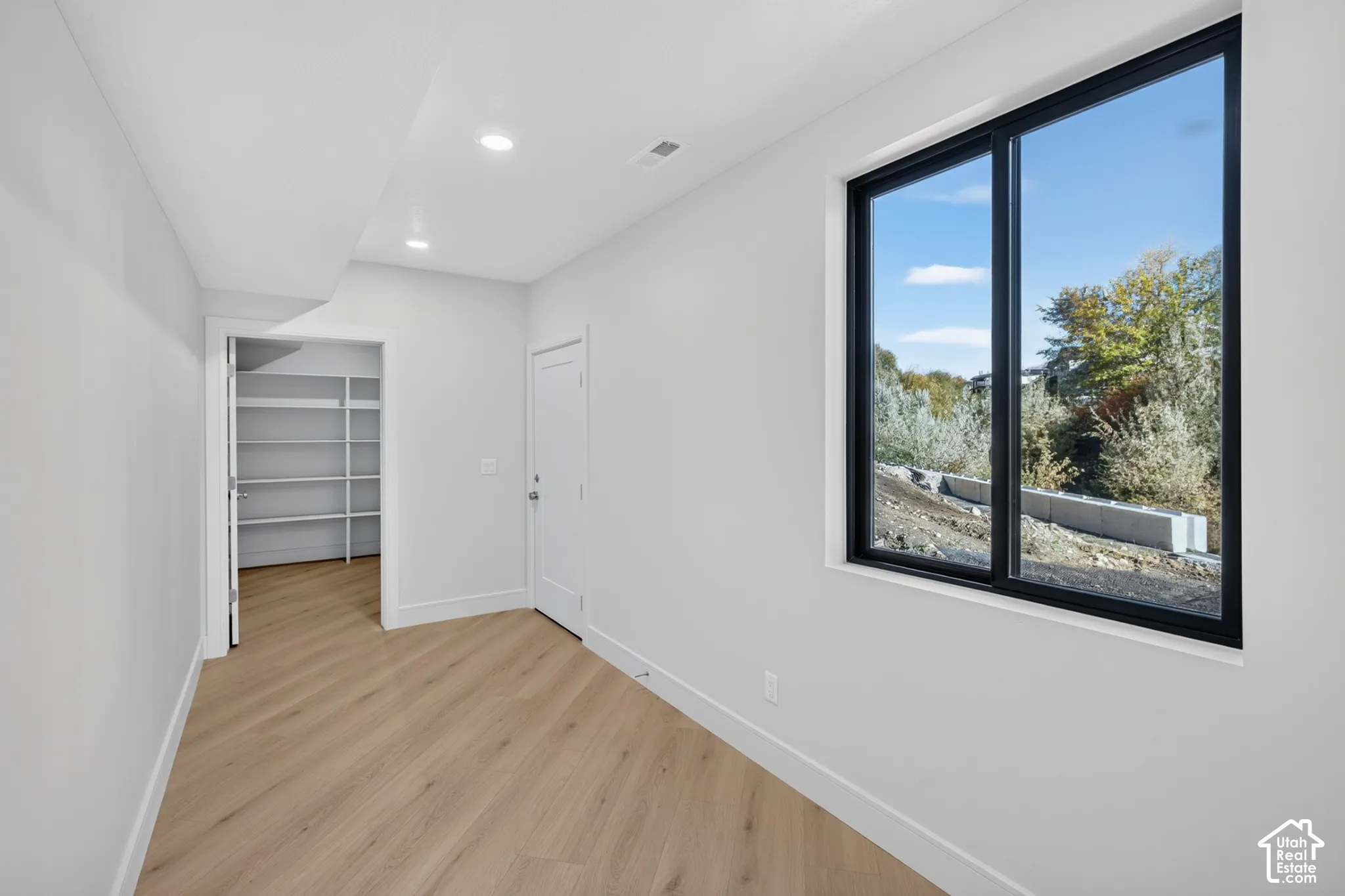 Interior space featuring wood-finish flooring, recessed lighting, a window with a black frame, and a walk-in storage area with built-in shelving