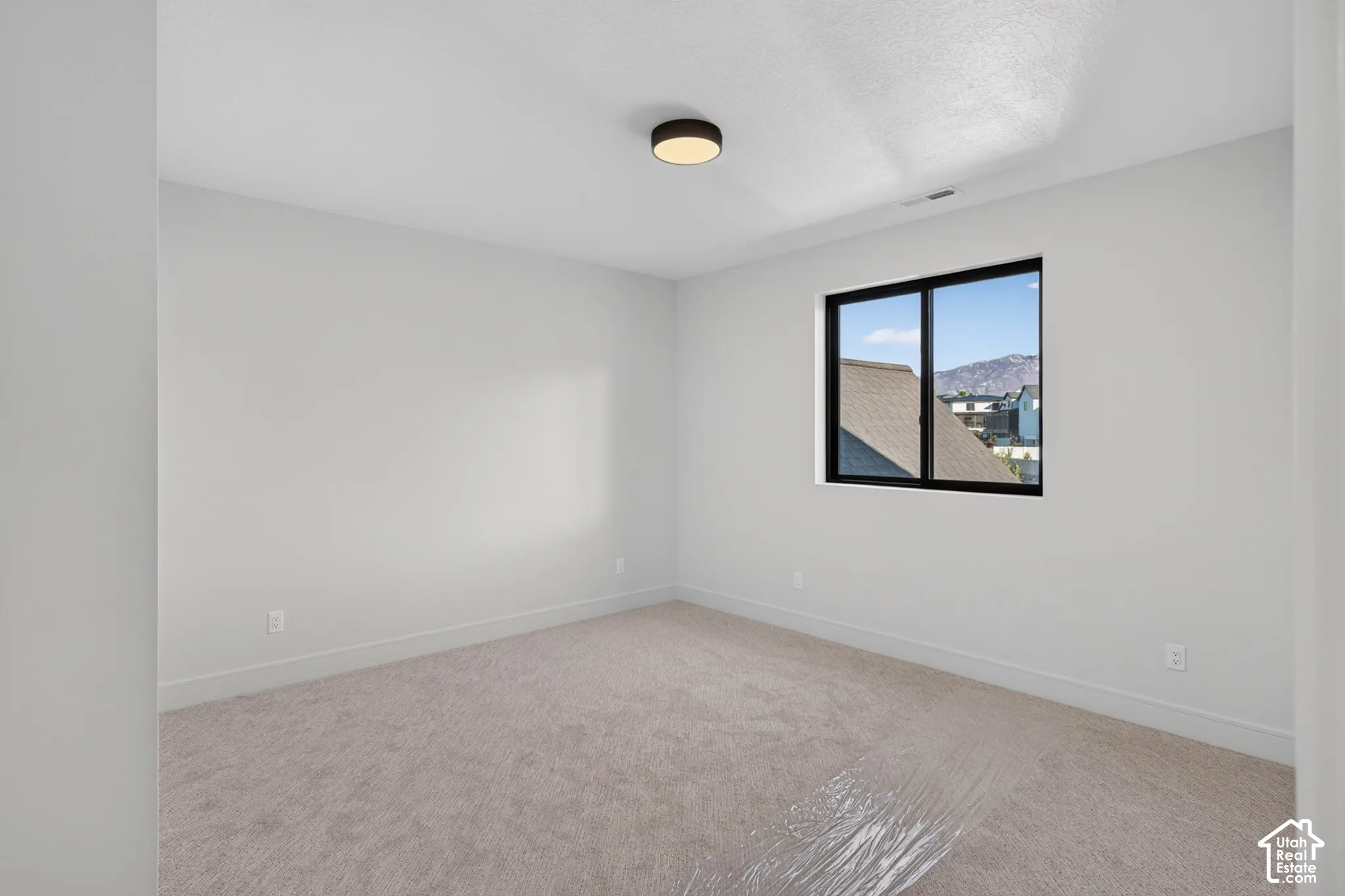 Neutral-toned carpeted flooring, light-colored walls, black-framed window, and circular flush-mount ceiling light fixture