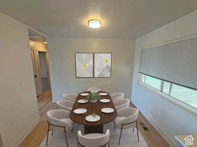 Dining area featuring a single-pane window, wood-finish flooring, and a flush-mount ceiling light fixture