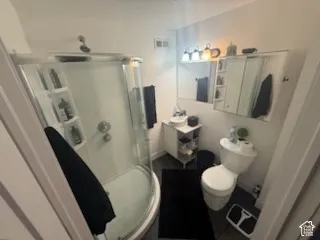 Curved glass shower enclosure with built-in shelving, vanity with vessel sink, wall-mounted mirror, and overhead lighting