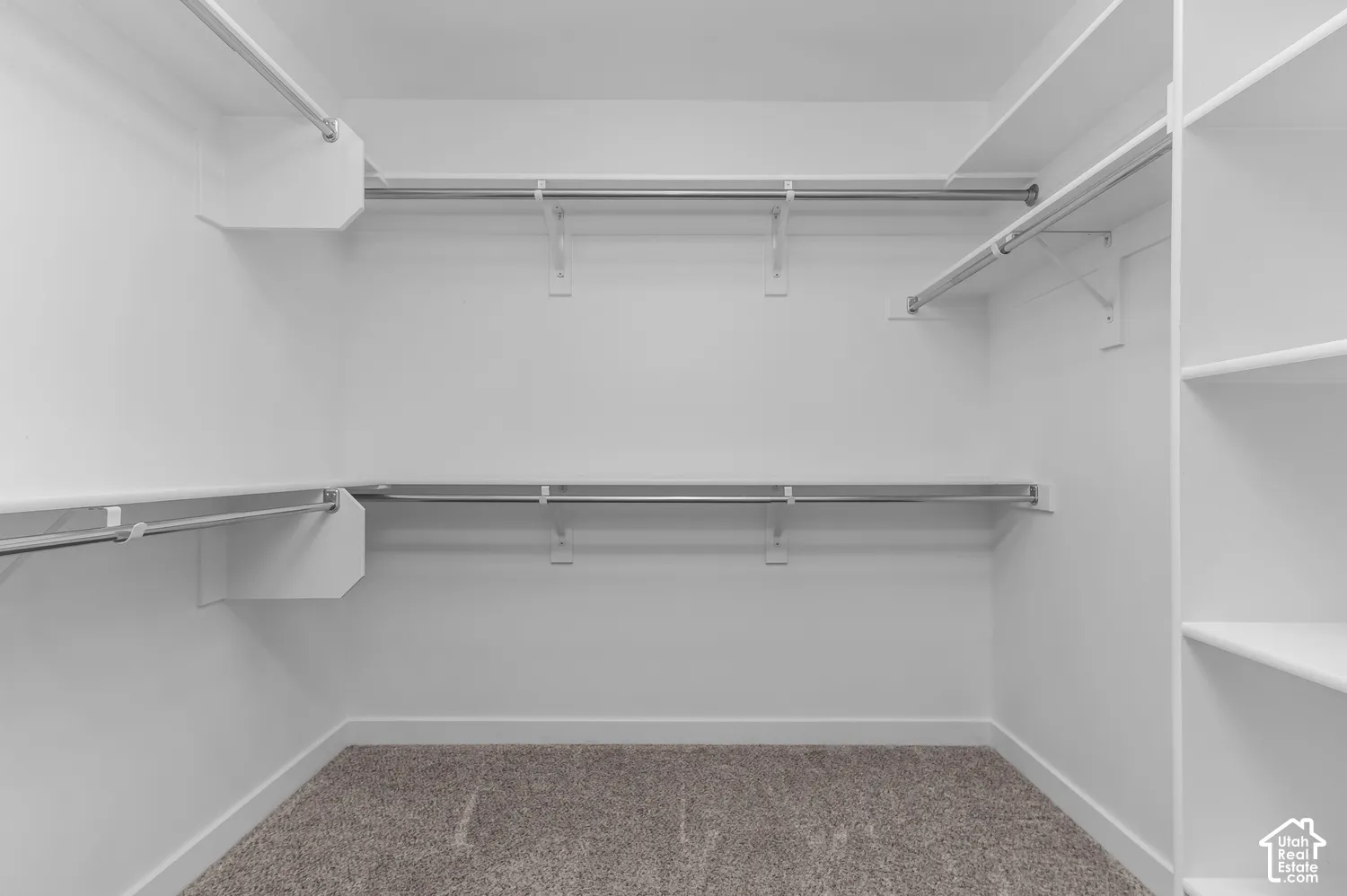 Storage area featuring double-tiered wall-mounted shelving, integrated metal garment rods, and carpeted flooring