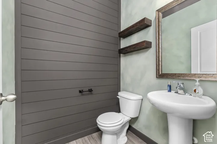 Dark-toned horizontal shiplap accent wall, two floating wood-finish shelves, pedestal sink with chrome faucet, and wood-finish flooring