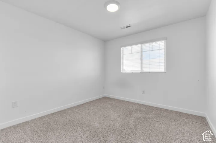 Neutral-toned carpeting, crisp white walls, flush-mount ceiling lighting, and a window fitted with horizontal blinds