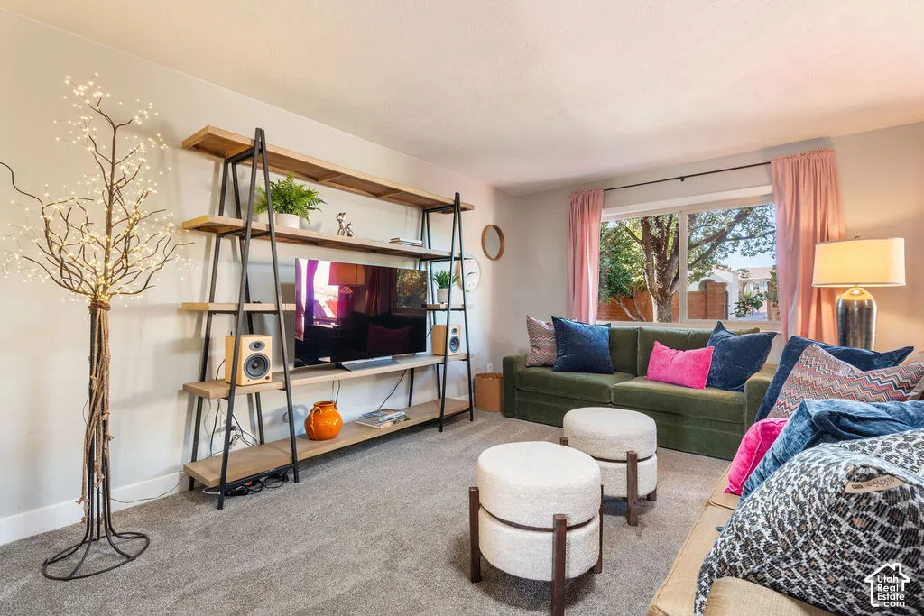 Carpeted living area featuring a large window, a built-in shelving unit, and recessed lighting