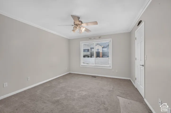 Neutral-toned interior featuring wall-to-wall carpeting, crown molding, a ceiling fan with integrated lighting, and a sliding window with horizontal blinds