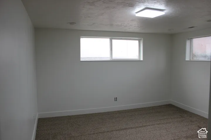 Neutral-toned interior space featuring wall-to-wall carpeting, white painted walls, recessed ceiling lighting, and two horizontal sliding windows