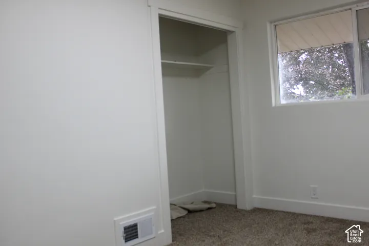 Interior space featuring neutral wall paint, carpet flooring, a single window, and a built-in closet with overhead shelving
