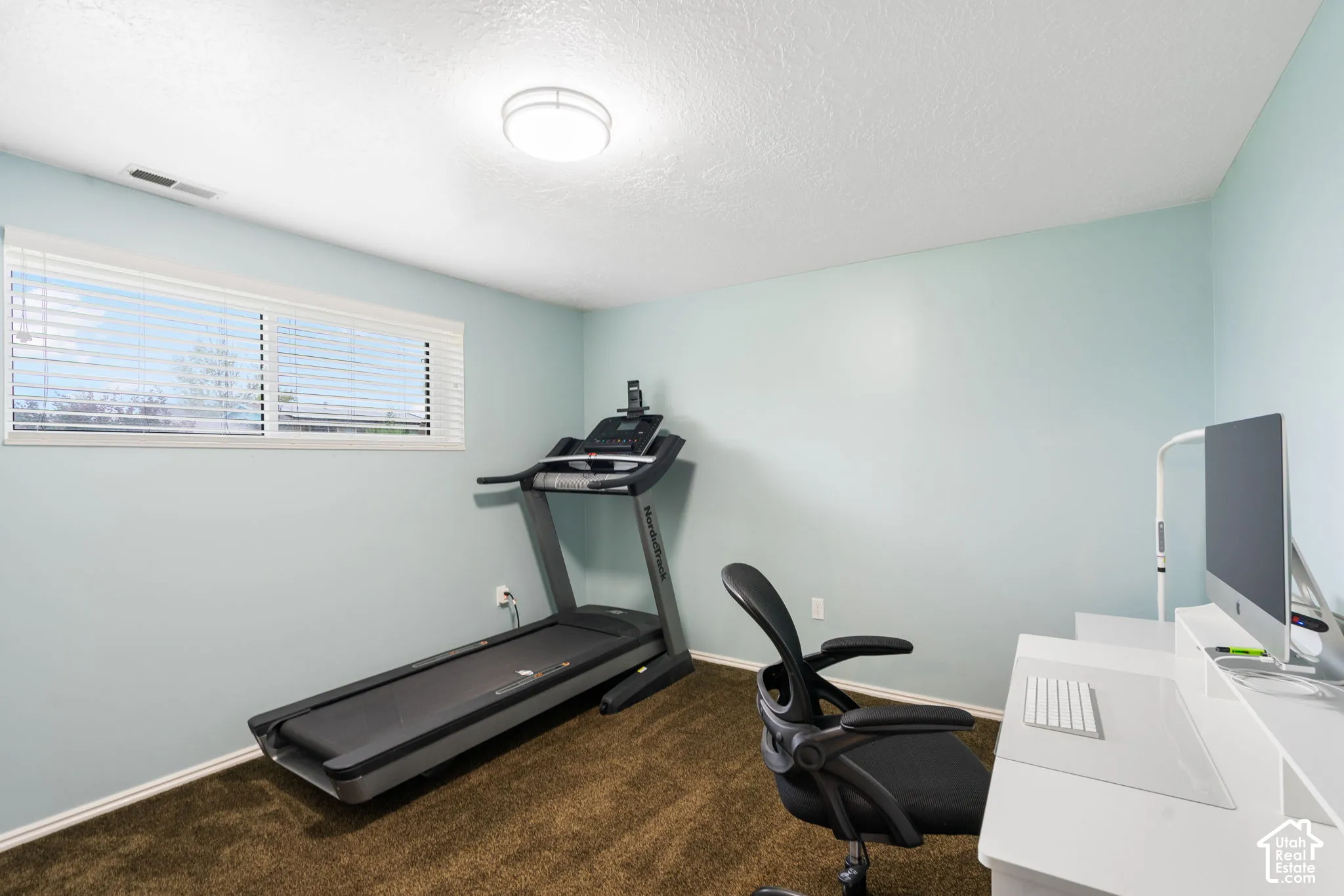 Room featuring neutral wall paint, carpeted flooring, a flush-mount ceiling light fixture, and a horizontal sliding window