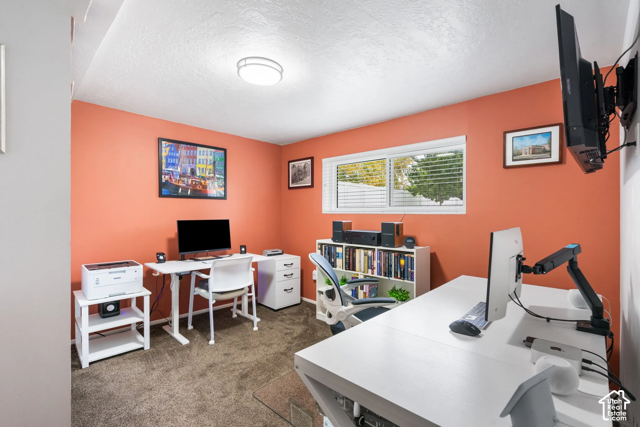 Neutral-toned carpeting, flush-mount ceiling lighting, and a horizontal sliding window