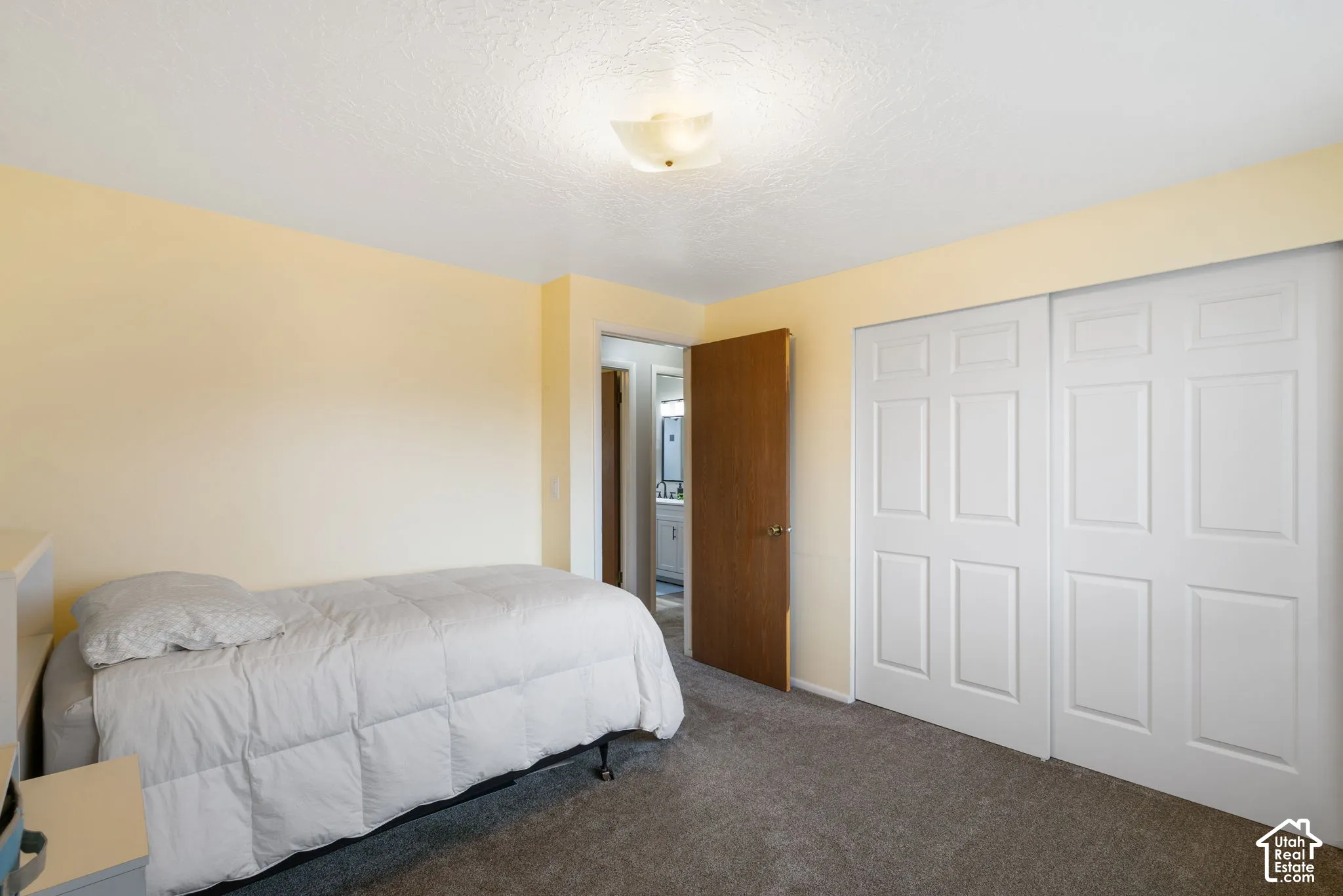 Neutral wall tones, wall-to-wall carpeting, recessed ceiling lighting, and double-panel sliding closet doors