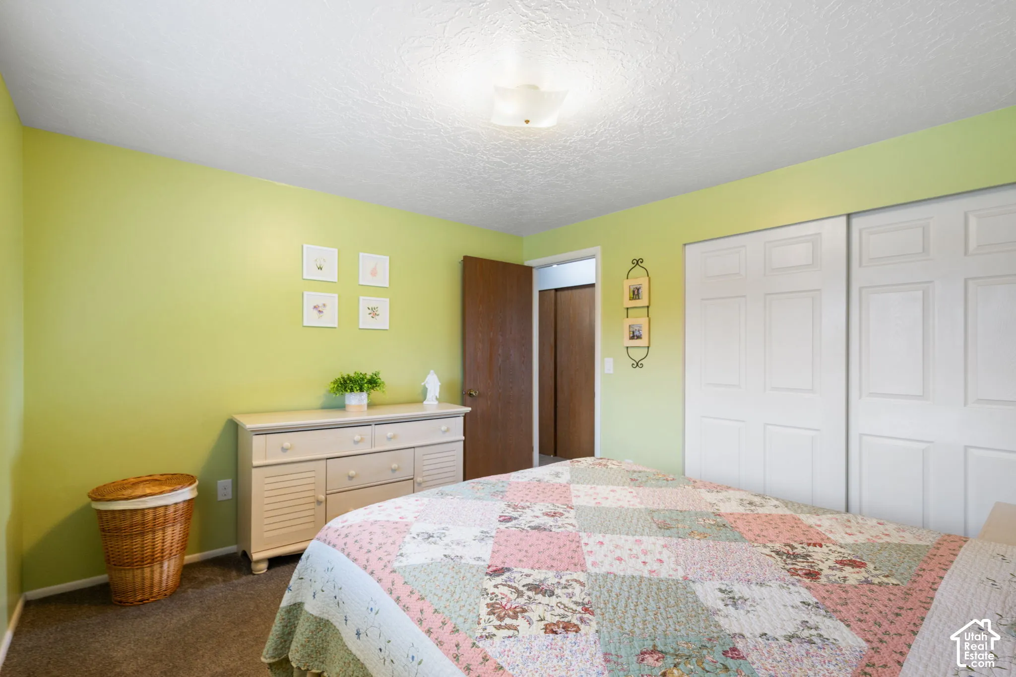 Room featuring wall-to-wall carpeting, dual-panel sliding closet doors, a single-panel interior door, and a flush-mount ceiling light fixture