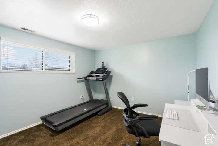 Room featuring neutral wall paint, carpeted flooring, a flush-mount ceiling light fixture, and a horizontal sliding window