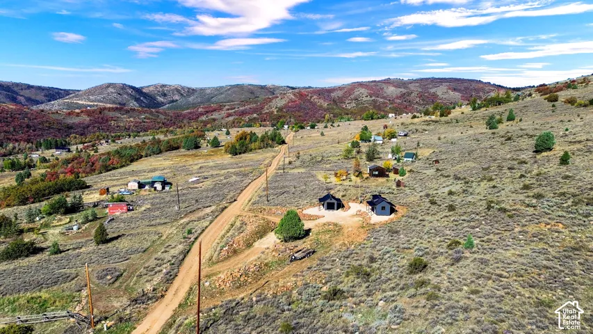 Expansive parcel featuring a dirt road, scattered trees, and distant mountainous terrain