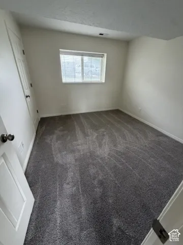 Room featuring plush carpeting, neutral wall coloring, a single-panel interior door, and a horizontal window with adjustable blinds