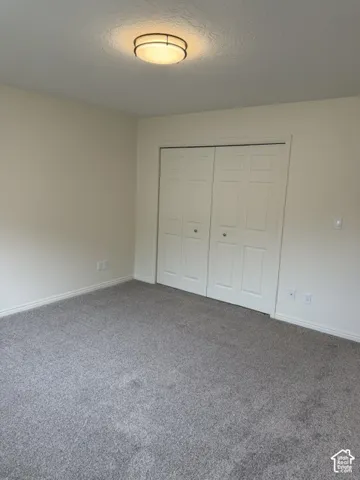 Master Bedroom closet Neutral-toned interior space featuring gray carpeting, six-panel closet doors, and a flush-mount circular ceiling light fixture