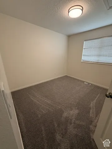 Room featuring neutral wall tones, plush wall-to-wall carpeting, a window with horizontal blinds, and a flush-mount circular ceiling light fixture