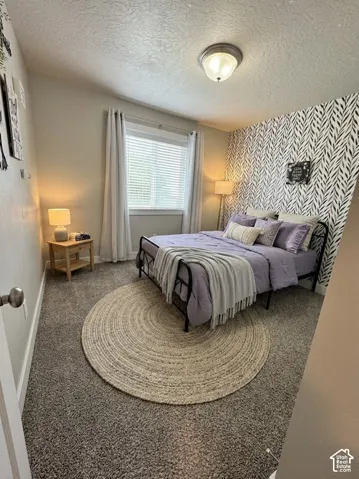 Textured wall covering, neutral wall paint, carpeted flooring, and a flush-mount overhead light fixture