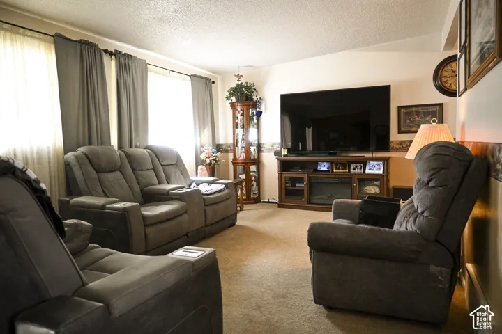 Living area featuring carpeted flooring, large windows, and a built-in media console with an integrated fireplace