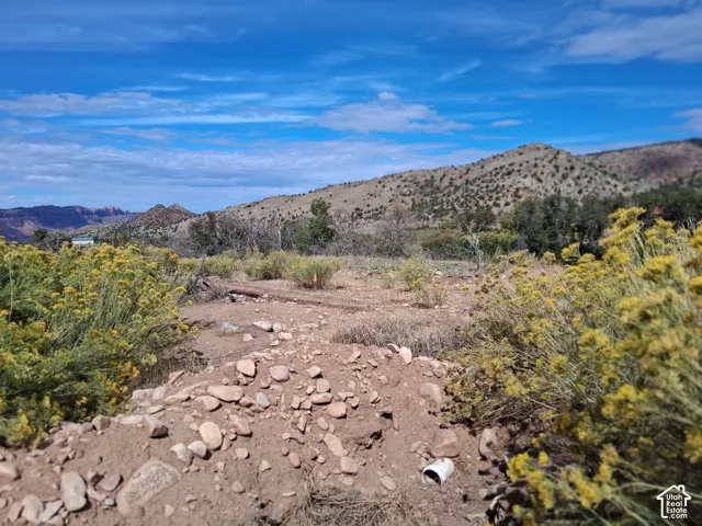 Expansive terrain featuring native shrubbery, scattered rock formations, and mountain topography