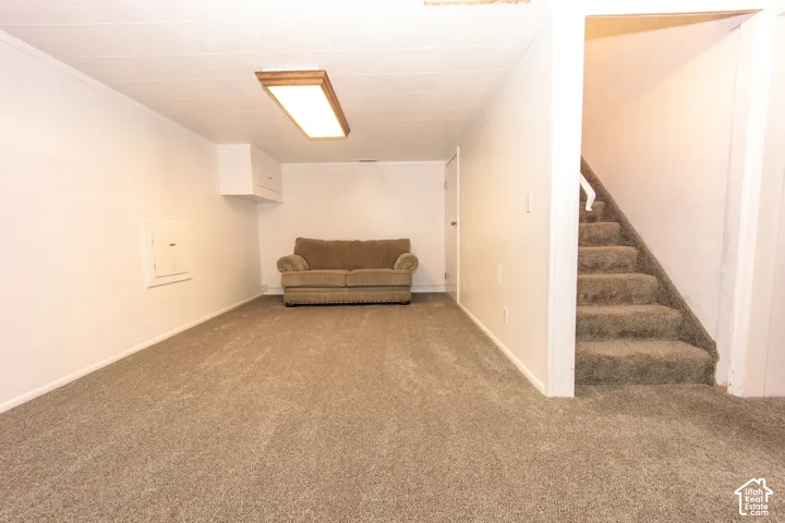 Finished interior space featuring wall-to-wall carpeting, flush-mount rectangular lighting, and carpeted stairs with a white handrail