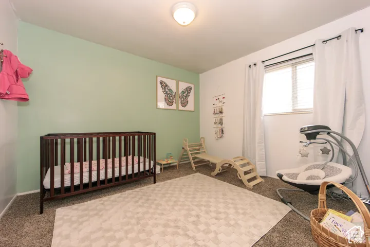 Neutral-toned carpeting, accent-painted wall, flush-mount ceiling lighting, and sliding window with installed curtain rod