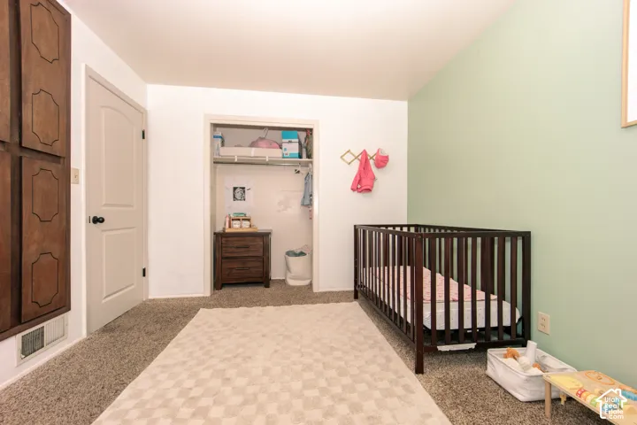 Interior room featuring wall-to-wall carpeting, built-in wooden cabinetry, a closet with integrated shelving, and an accent wall